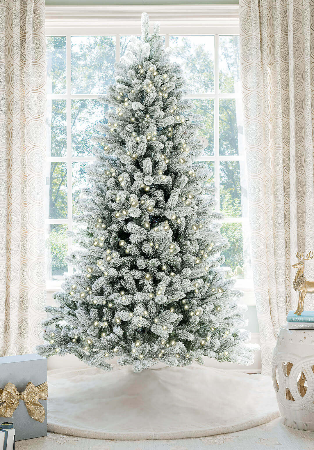 7.5 Feet Pre-Lit Hinged Christmas Tree Snow Flocked with 9 Modes Lights - Color