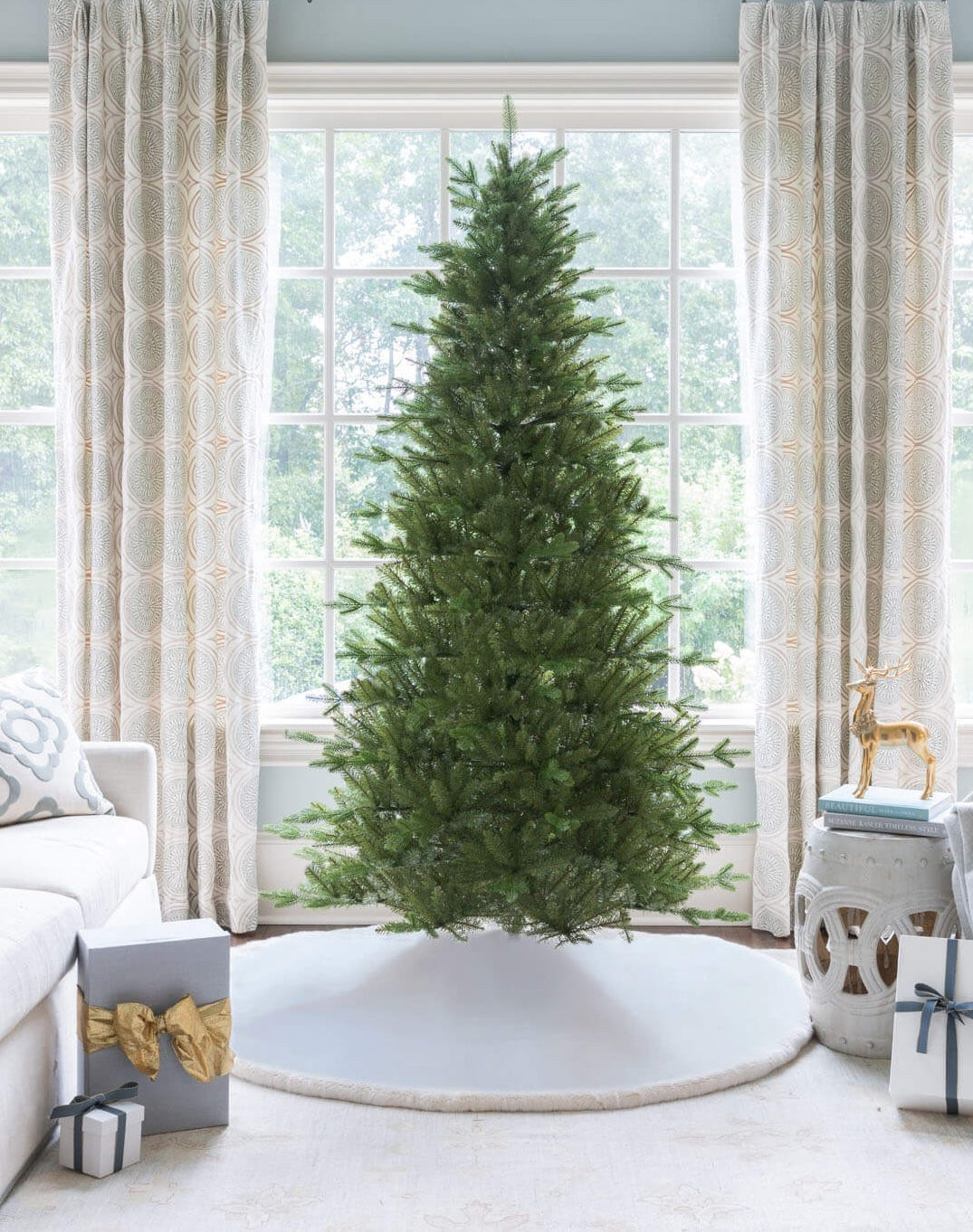 King of Christmas 12' Alpine Fir Green Slim Artificial Christmas Tree LED 1400 Warm White Led Lights