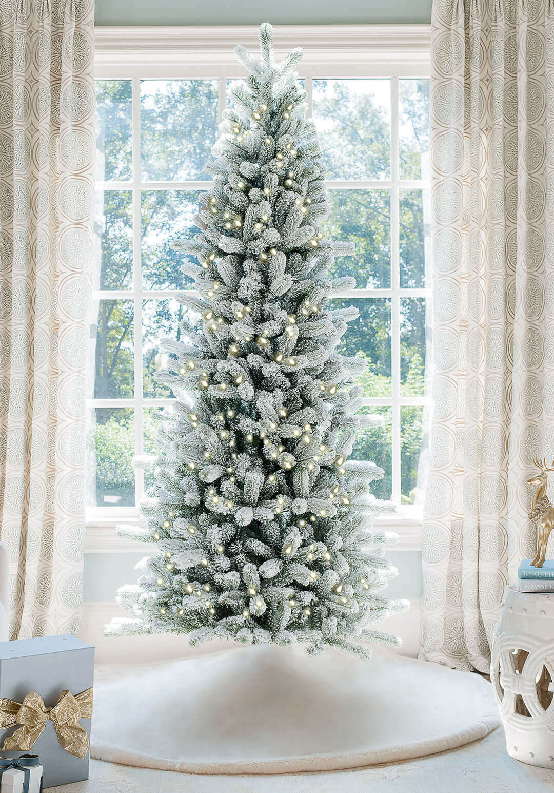 King of Christmas (OPEN BOX) 7.5' KING FLOCK® SLIM CHRISTMAS TREE WARM WHITE LED LIGHTS FINAL SALE