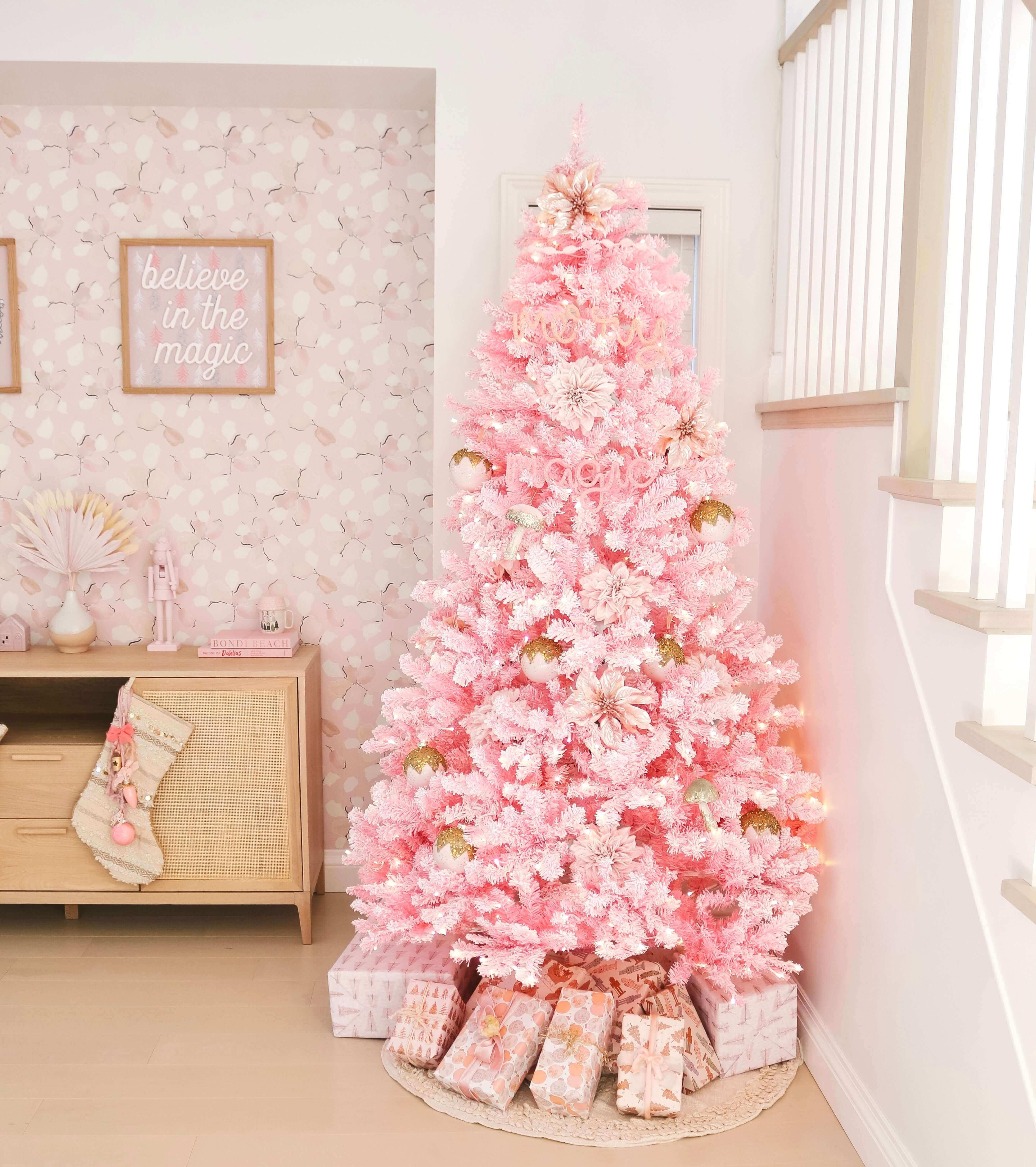 Pink newest Christmas Tree with lights and skirt