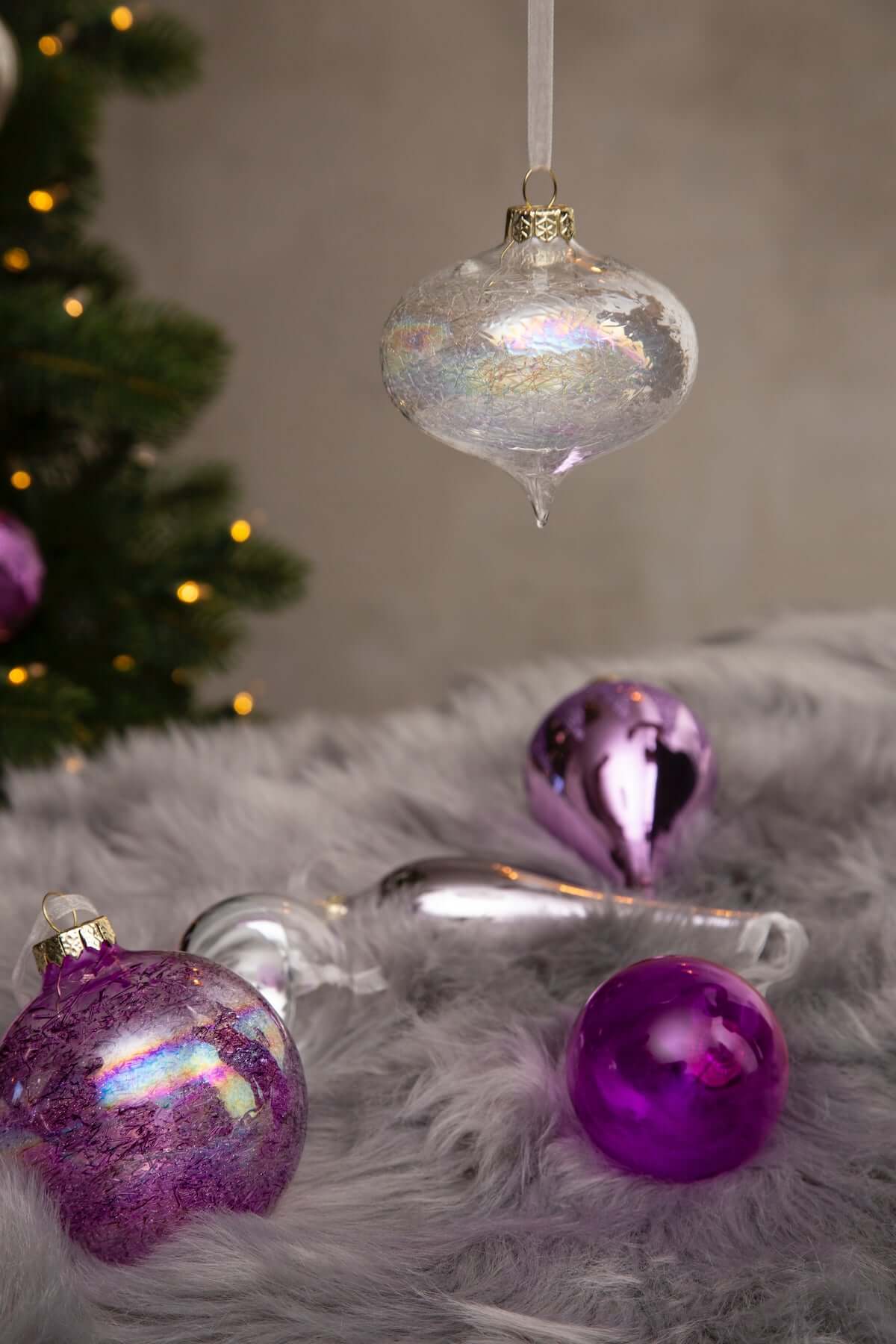 Grey Velvet Glitter Drape Glass Ball Ornament
