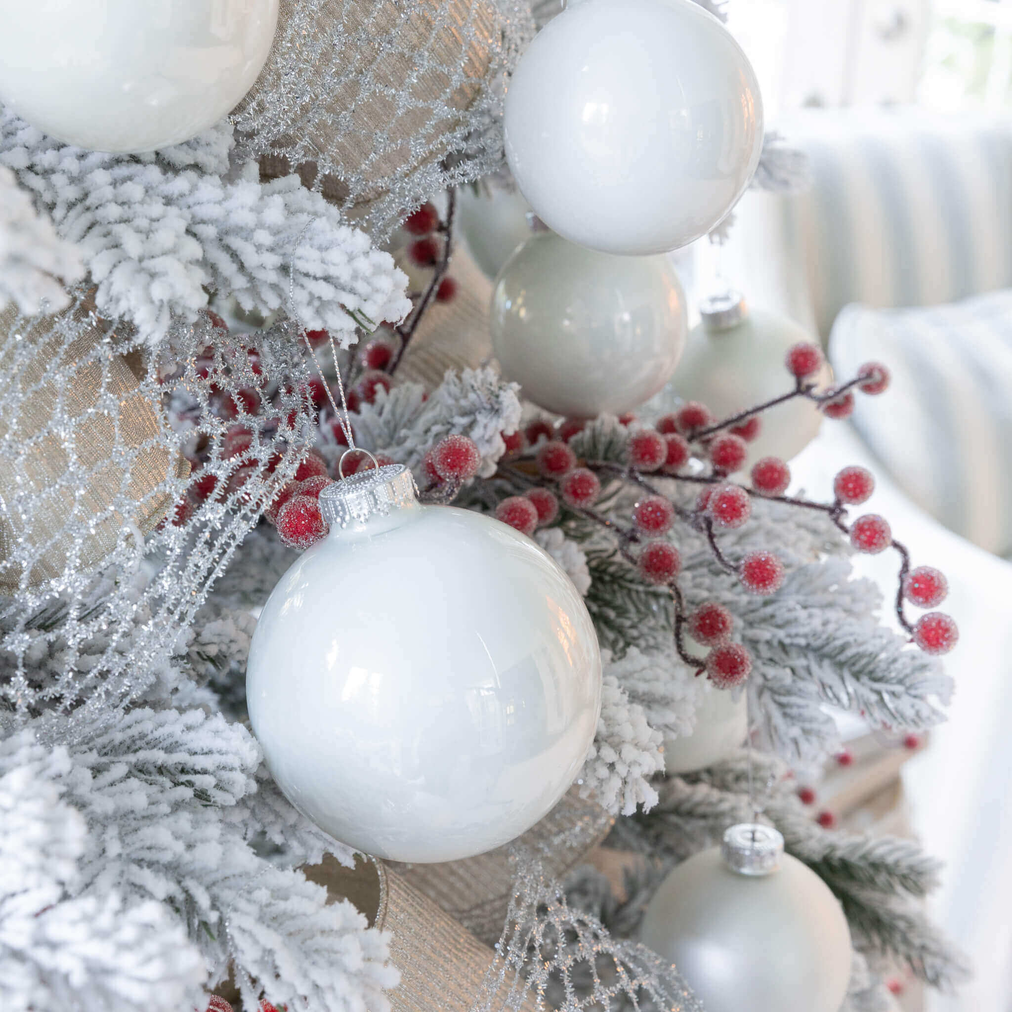 White glass store christmas ornaments